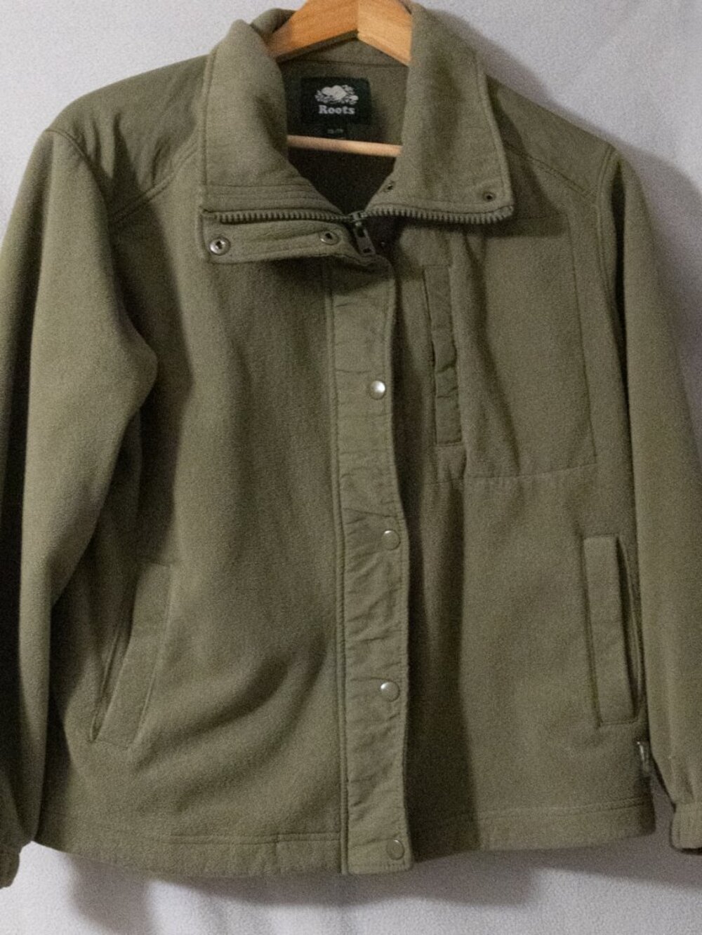 Roots full zip up fleece olive green jacket women size XS